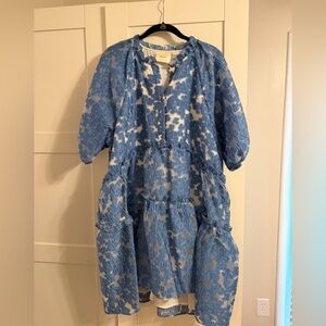 Maeve Blue & White Tiered Puff-Sleeve Mini Dress
